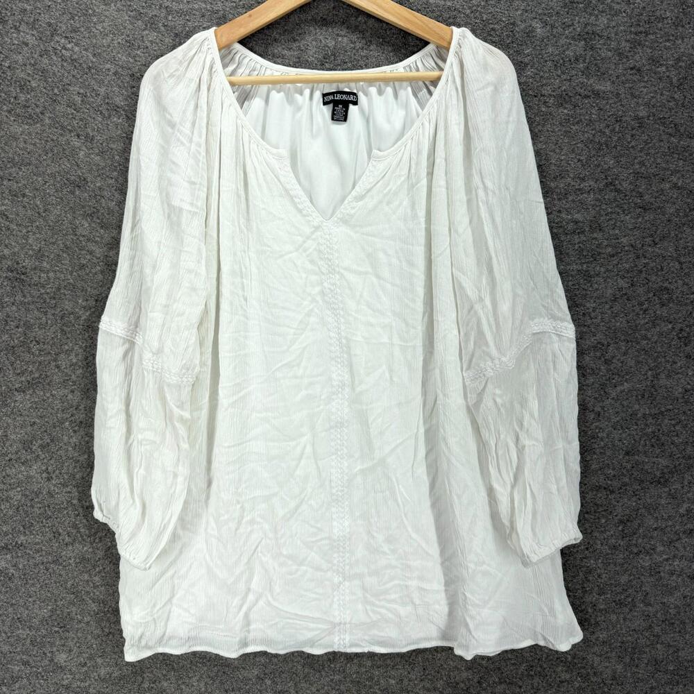 New Nina Leonard Blouse Women 1X Plus White V-Neck Long Sleeve Rayon Lined